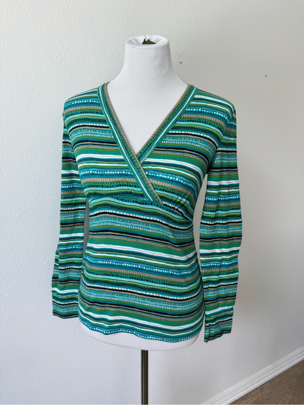 Liz Claiborne Green and Blue Striped Wrap-Style Long Sleeve Top